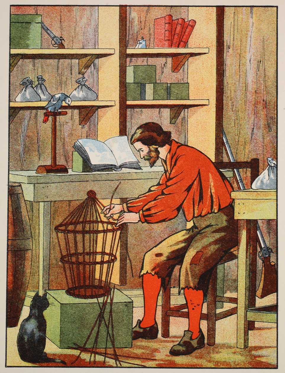 Robinson Crusoe gör en bur till sin papegoja, illustration från The Story of Robinson Crusoe: En anpassning för barn efter Defoes språk, pub. av Griffith Farran Browne & Co. Limited, London av English School