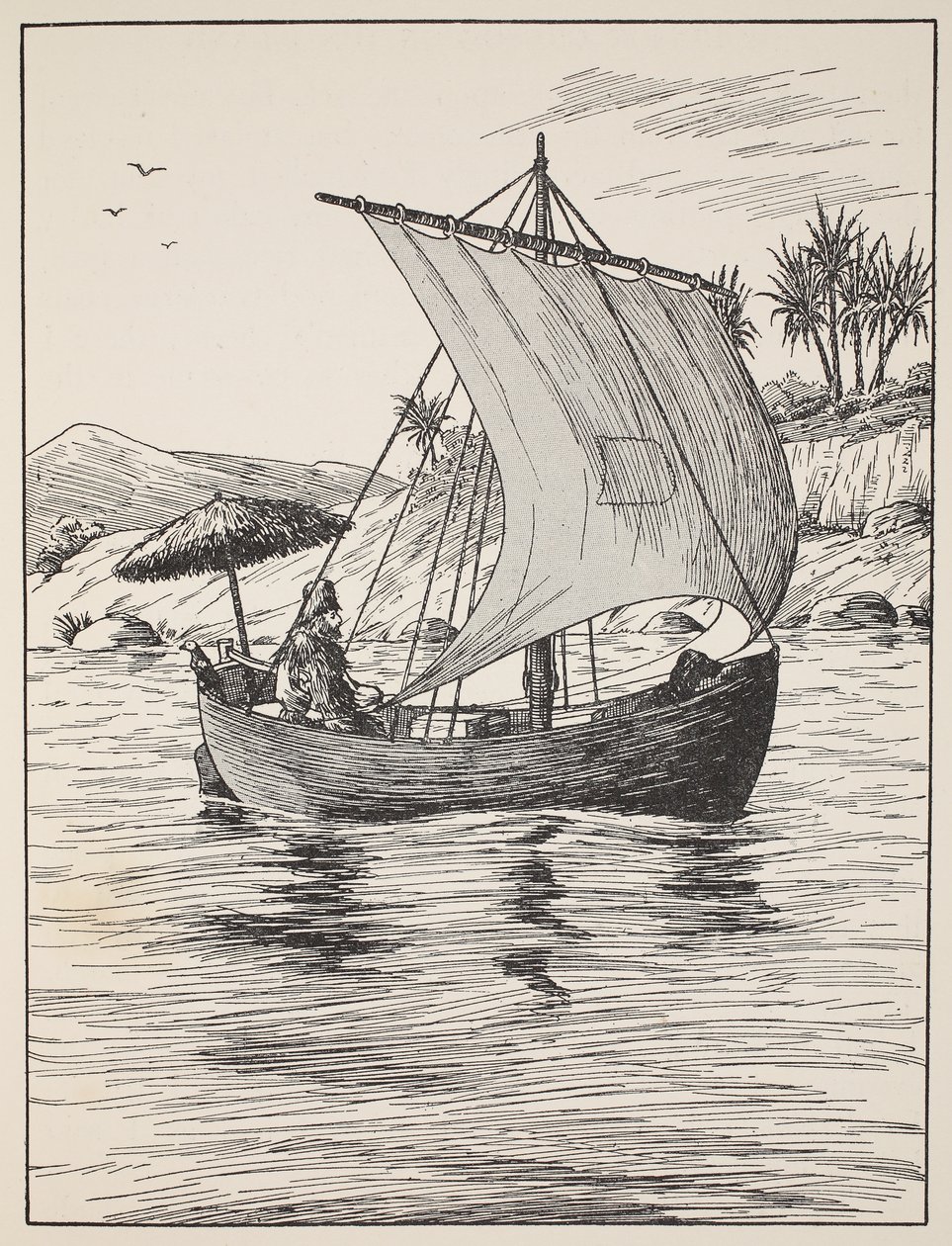 Robinson Crusoe på sin båt, illustration från The Story of Robinson Crusoe: En anpassning för barn efter Defoes språk, pub. av Griffith Farran Browne & Co. Limited, London av English School
