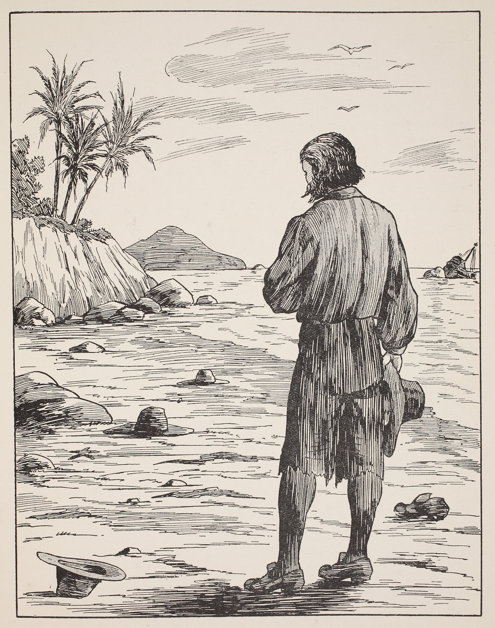 Robinson Crusoe på sin ö, illustration från The Story of Robinson Crusoe: En anpassning för barn efter Defoes språk, pub. av Griffith Farran Browne & Co. Limited, London av English School