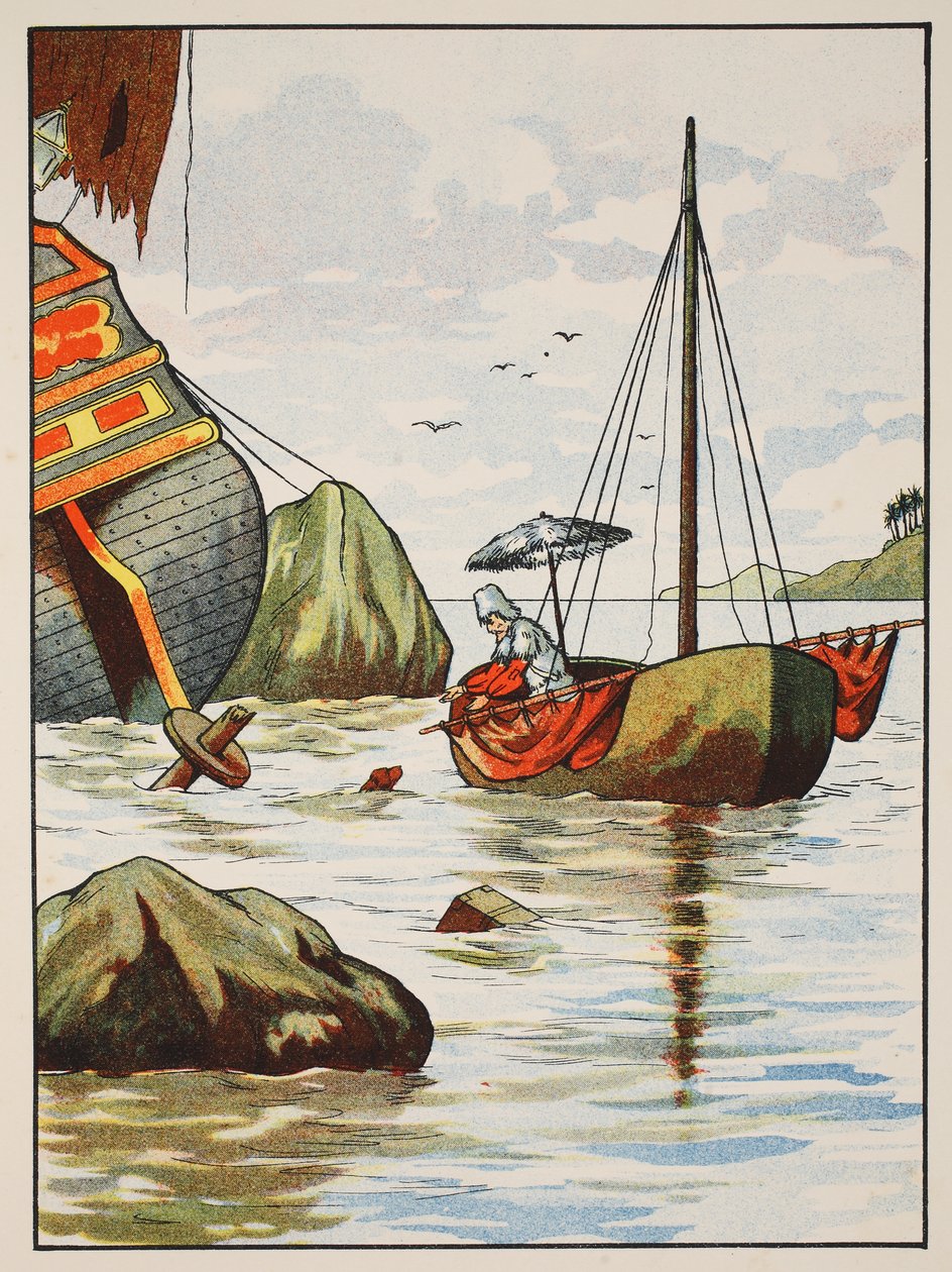 Robinson Crusoe räddar en hund från ett spanskt skeppsvrak, illustration från The Story of Robinson Crusoe: En anpassning för barn efter Defoes språk, pub. av Griffith Farran Browne & Co. Limi av English School
