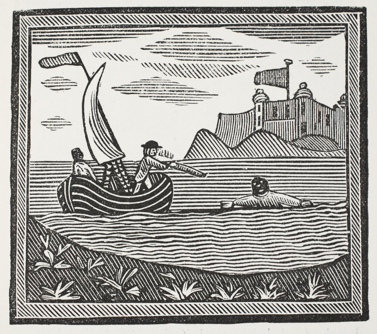 Robinson och Xury flyr från hedarna, illustration från Chap-books of the Eighteenth Century av John Ashton, pub. 1882 av English School