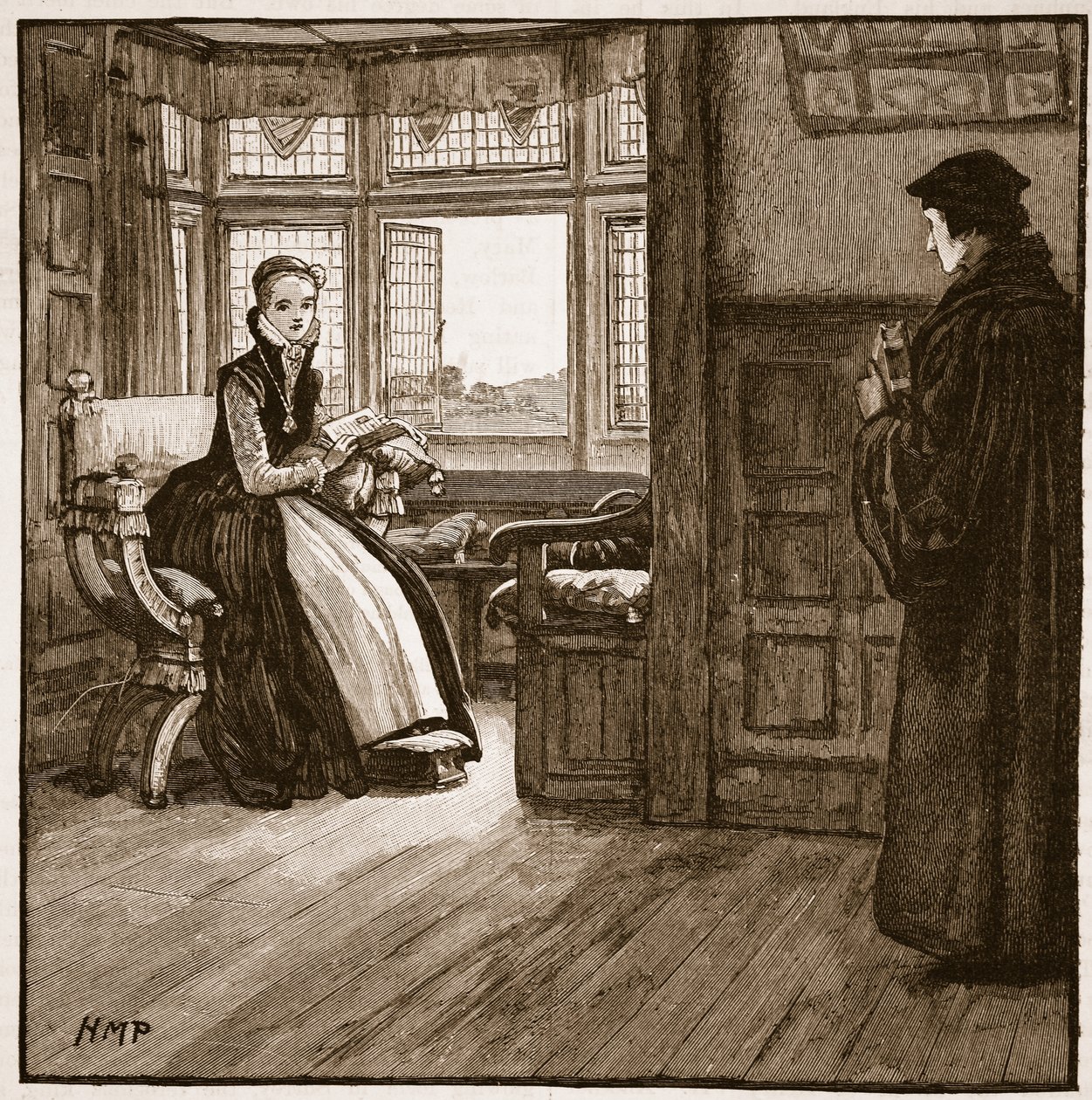 Roger Aschams besöker Lady Jane Grey, illustration från Cassells Illustrated History of England (sepiafoto) av English School