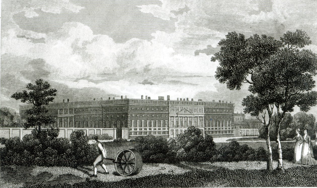 Rolling the Lawns på Hampton Court Palace, 7 mars 1807 av English School