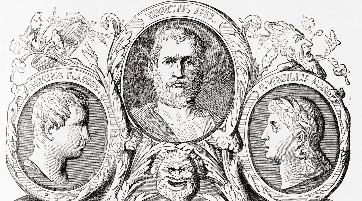 Romerska författare, från vänster till höger, Horace, Terence och Virgil, från Ward och Locks Illustrated History of the World, pub. c.1882 av English School