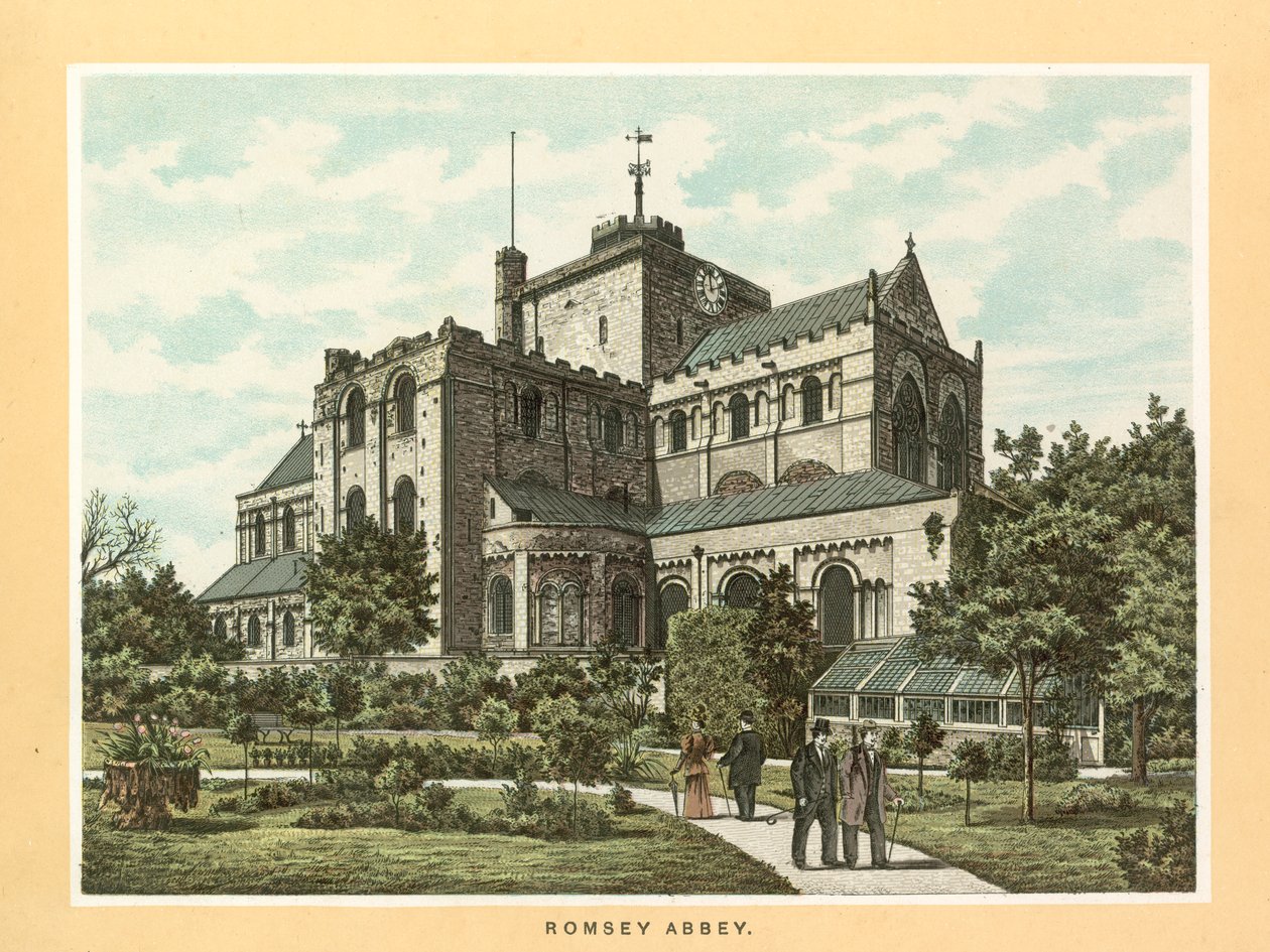 Romsey Abbey (färglitografi) av English School