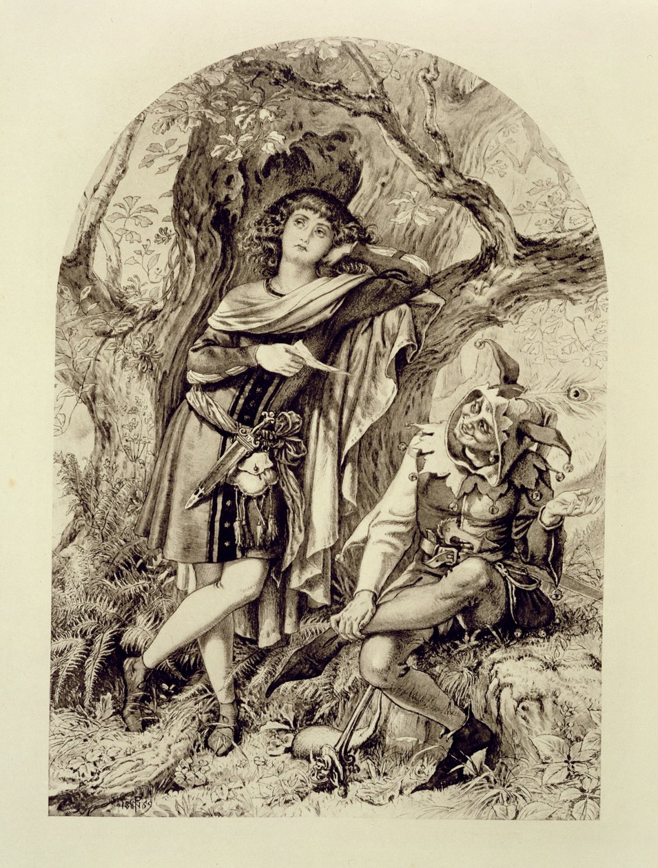 Rosalind och Touchstone, akt III, scen 2, i As You Like It, av William Shakespeare (1564-1616) av English School