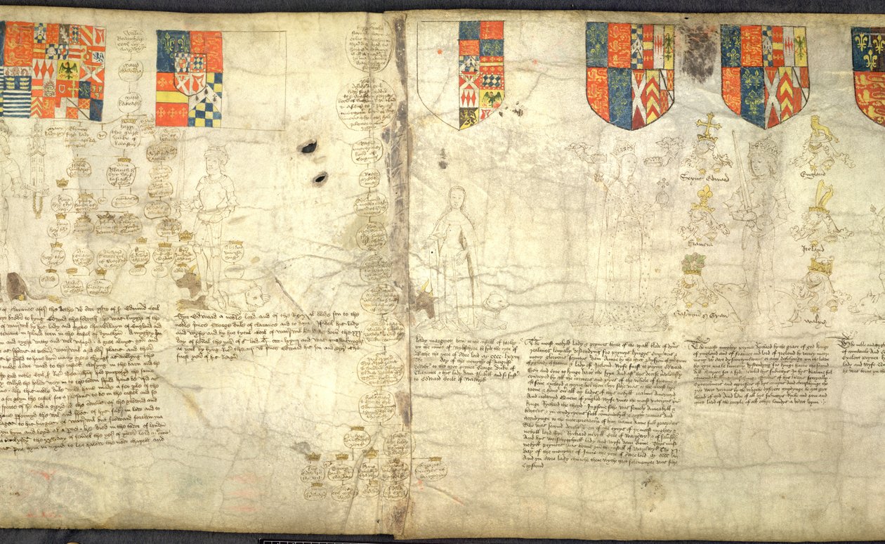 Rous Roll, f. 7cr: Från vänster till höger: Edward, Earl of Warwick (son till George, hertig av Clarence); Margareta (dotter till George, hertig av Clarence); Anne Neville (dotter till Richard Neville och fru till Richard III); Richard III (vellum) av English School