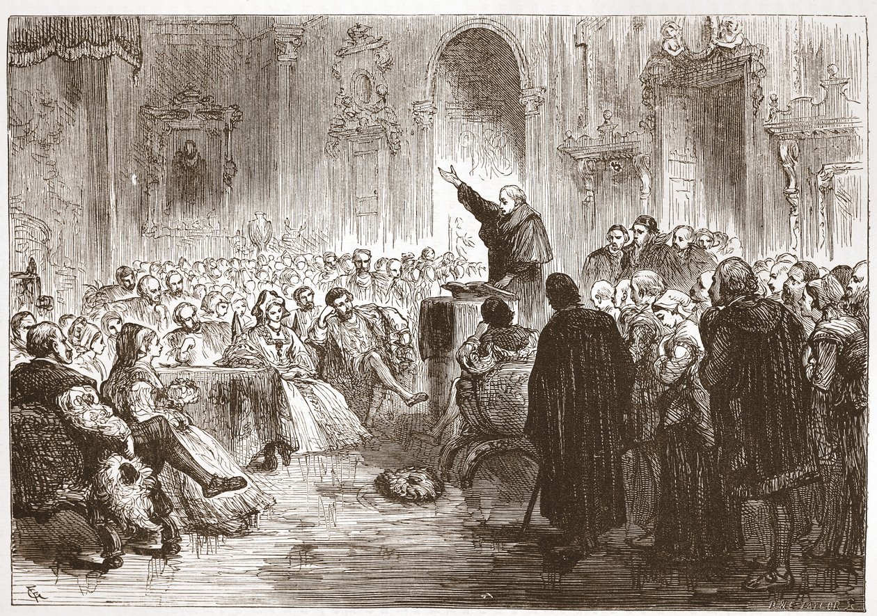 Roussel predikar i Louvren, illustration från The History of Protestantism av James Aitken Wylie (1808-1890), pub. 1878 av English School