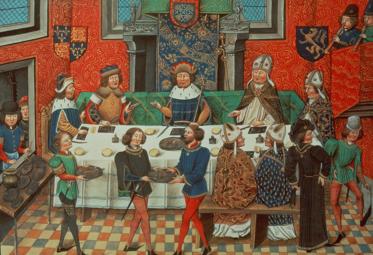Roy 14 E IV f.244v Duke of Lancaster äter middag med kungen av Portugal, från Vol. III "Från Richard II:s kröning till 1387", av Jean de Batard Wavrin av English School