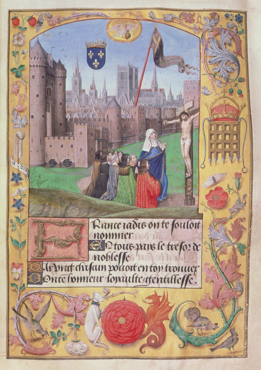 Roy 16 F II f.89 Notre Dame, Paris som visar armarna gripna, Jungfrun nedan skyddar nio figurer som knäböjer före korsfästelsen, från Poems of Charles, Duke of Orleans, c.1500 (vellum) av English School