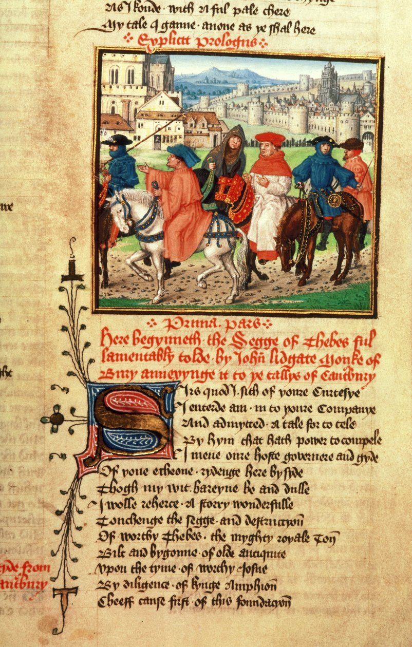 Roy 18 D 11 f.148 Lydgate and the Canterbury Pilgrims lämnar Canterbury från `Troy Book and the Siege of Thebe