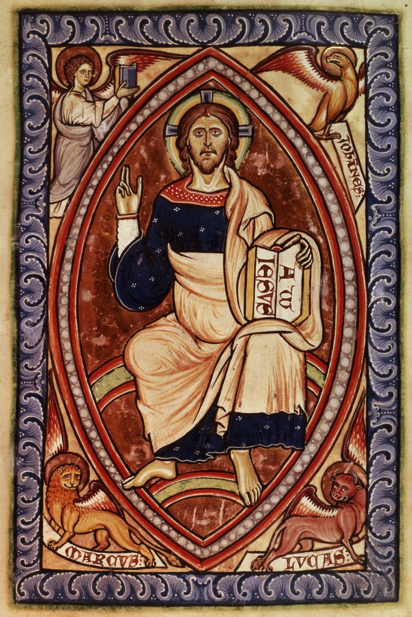 Roy 2 A XXII f.14 Kristus i majestät med symboler för evangelisterna, från Westminster Psalter, c.1250 (vellum) av English School