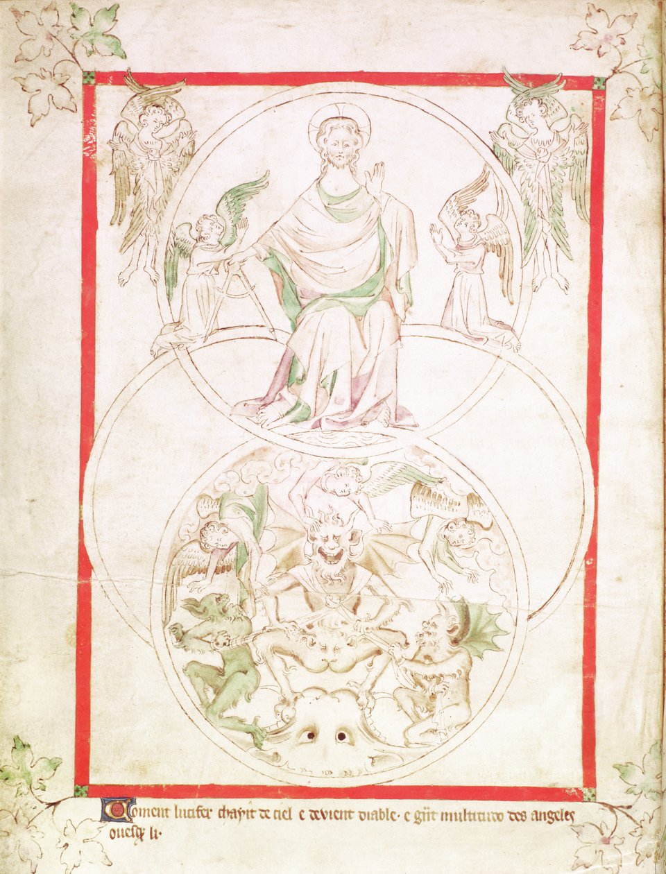 Roy 2 B VII f.1v Lucifers fall, från Queen Mary Psalter, c.1310-20 (vellum) av English School