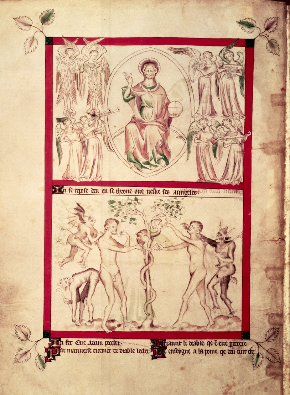 Roy 2 B VII f.3v Gud i en mandorla omgiven av musikeränglar, Temptation of Eva, från Queen Mary Psalter, c.1310-20 (vellum) av English School