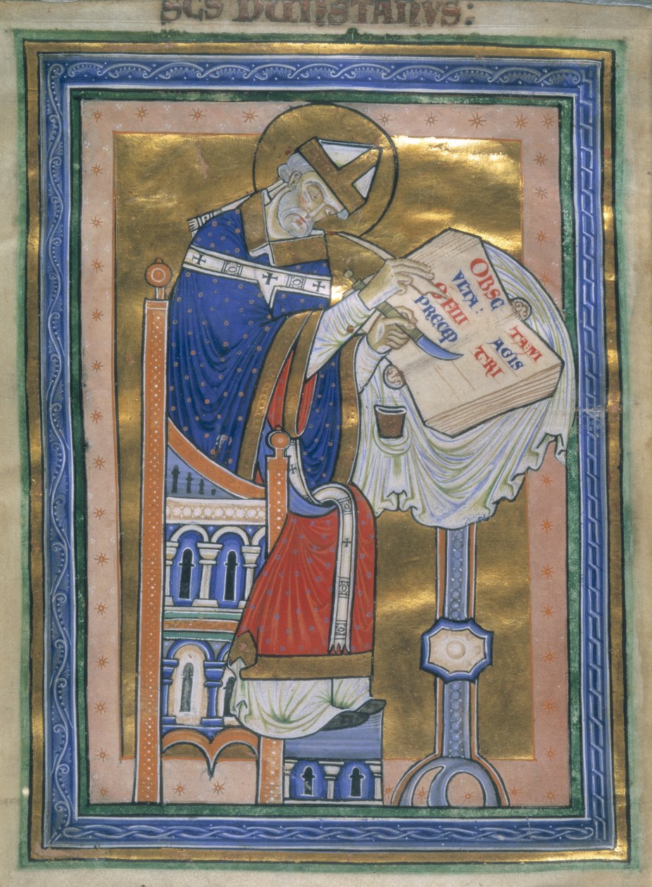 Royal 10 A. XIII, f.2v Dunstan skriver Benedictine Rule, illustration från 