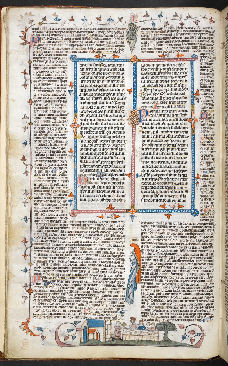 Royal 10 E. IV, f.250v Text med kantdekor och en King Dining, illustration från 