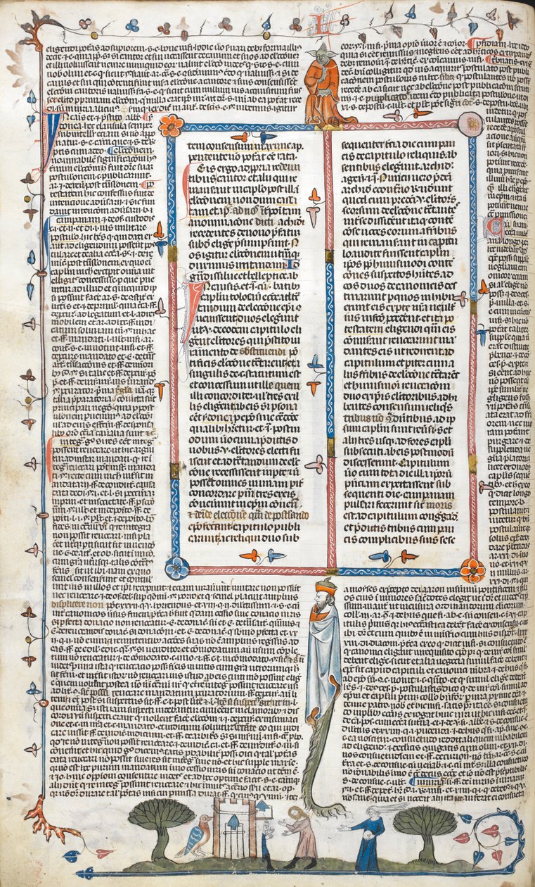 Royal 10 E. IV, f.30v, Text och bas-de-page scen av en man och en kvinna utanför en byggnad, från 