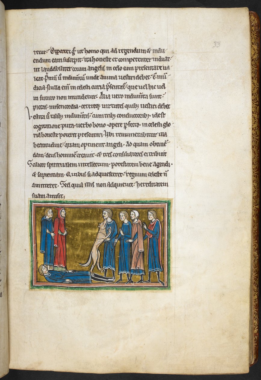 Royal 12 F.XIII, f.33 Hund som identifierar en mördare.  , från Bestiary (ff. 3-141), Lapidary (ff. 141v-149)  , 1200-talets andra kvartal (vellum) av English School