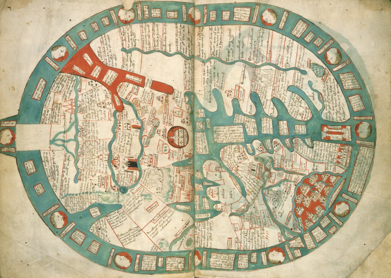 Royal 14 C IX ff.1v-2 Stor världskarta, från 