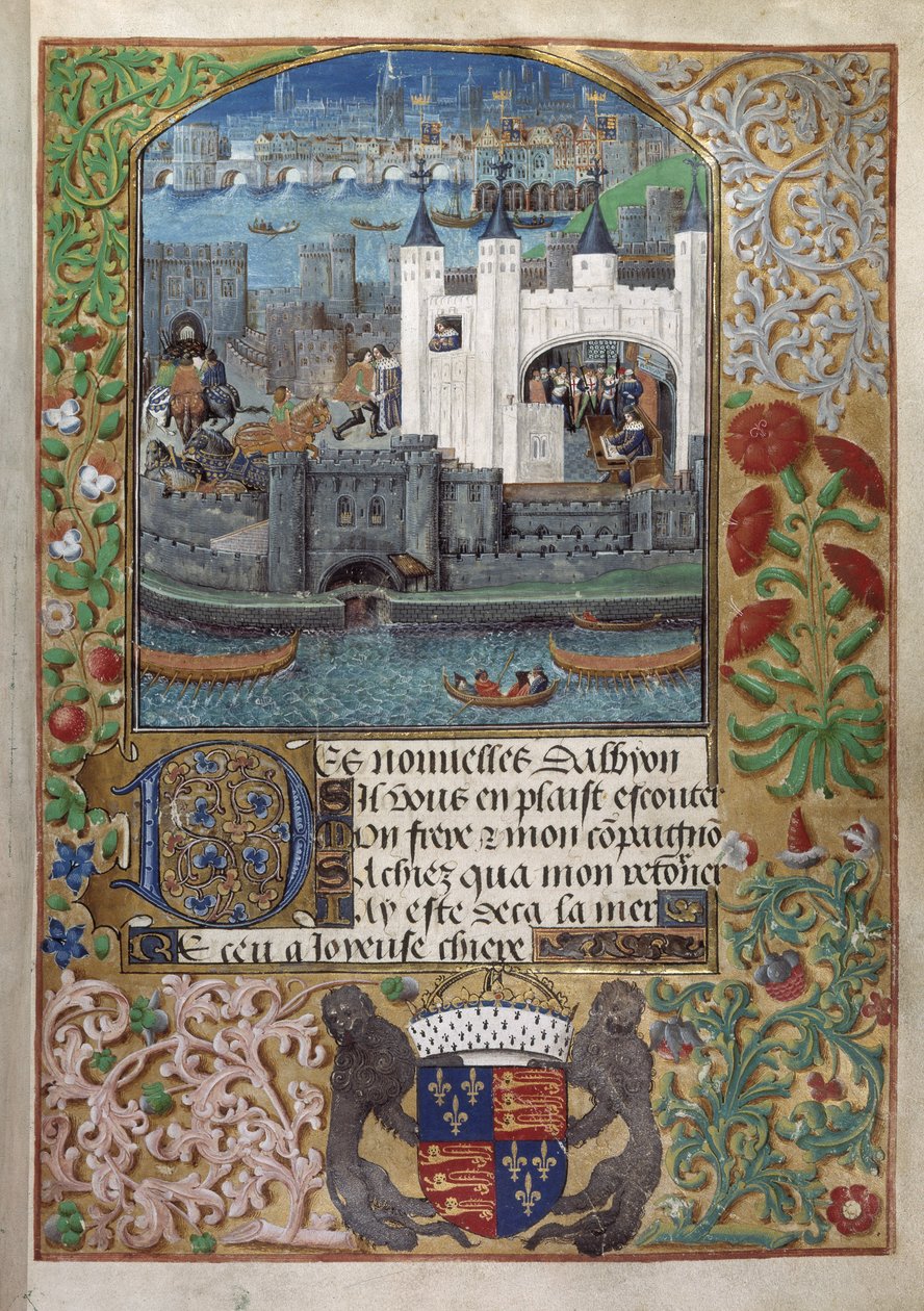 Royal 16 F. II, f.73 The Tower of London, med London Bridge bakom. Charles, hertig av Orleans, sågs skriva, stå vid ett fönster och skicka ett brev på gården av English School