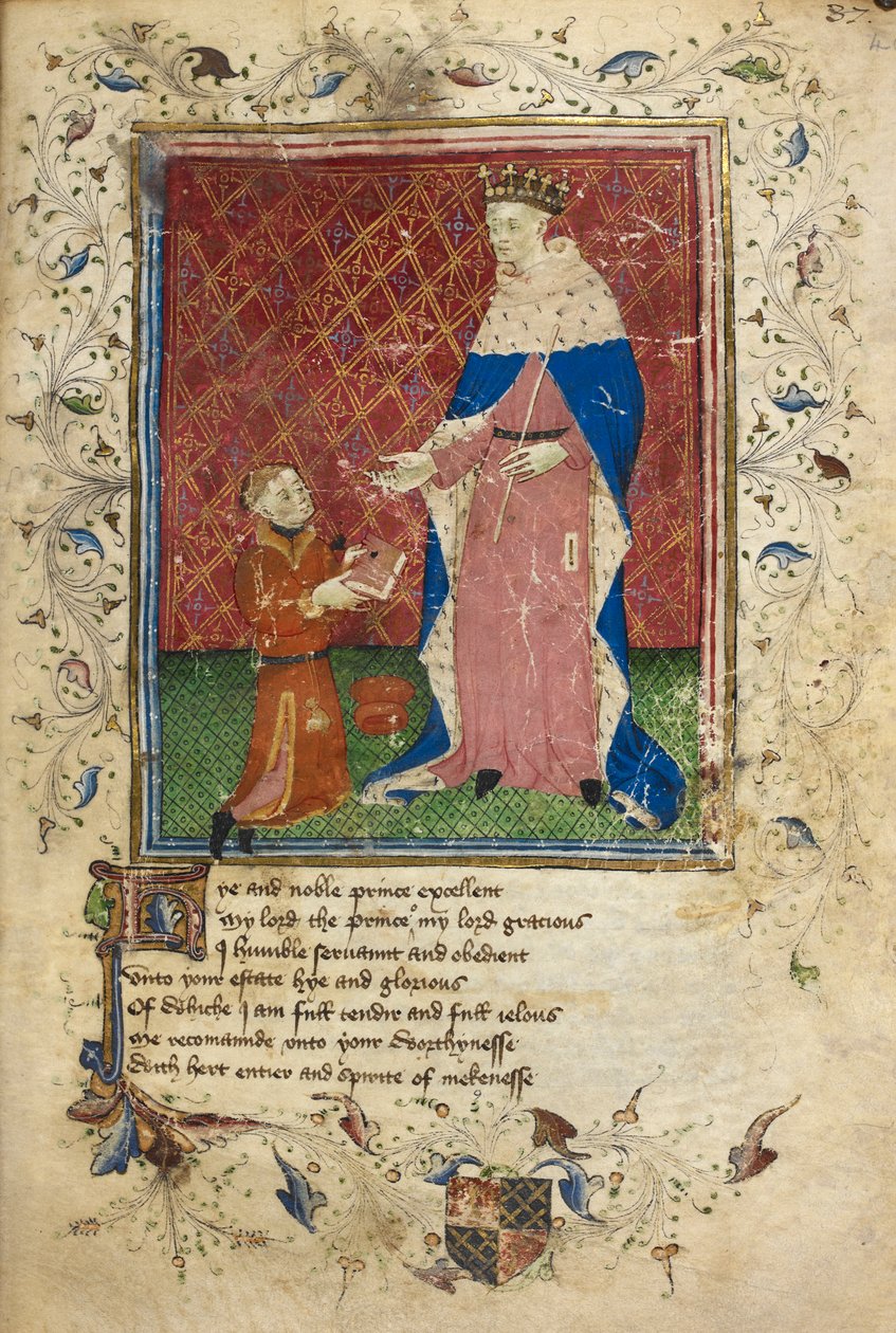 Royal 17 D. VI, f.40 Presentationsscen med Thomas Hoccleve i färd med att erbjuda sin bok till Henry V (vellum) av English School