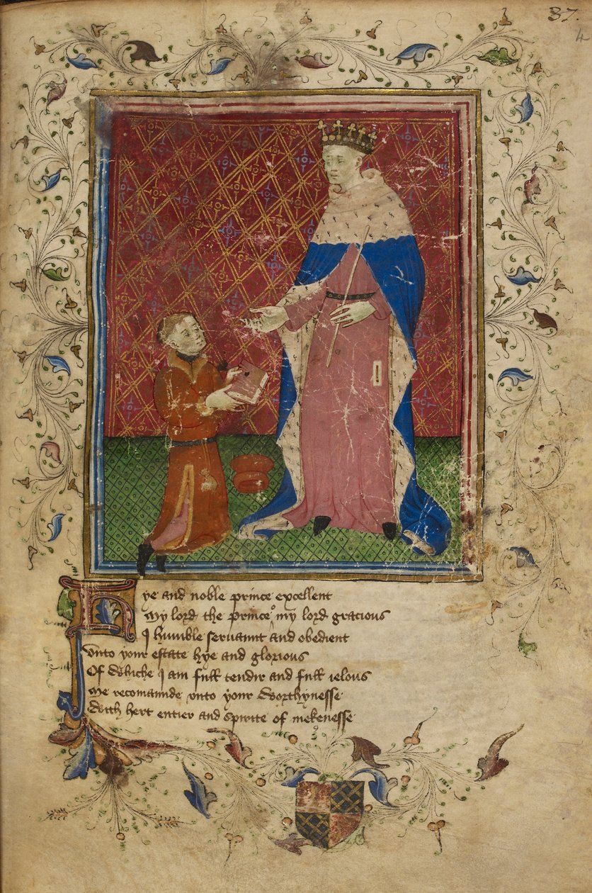 Royal 17 D. VI, f.40 Thomas Hoccleve knäböjer i akt att erbjuda sin bok till kung Henrik V, illustration från 