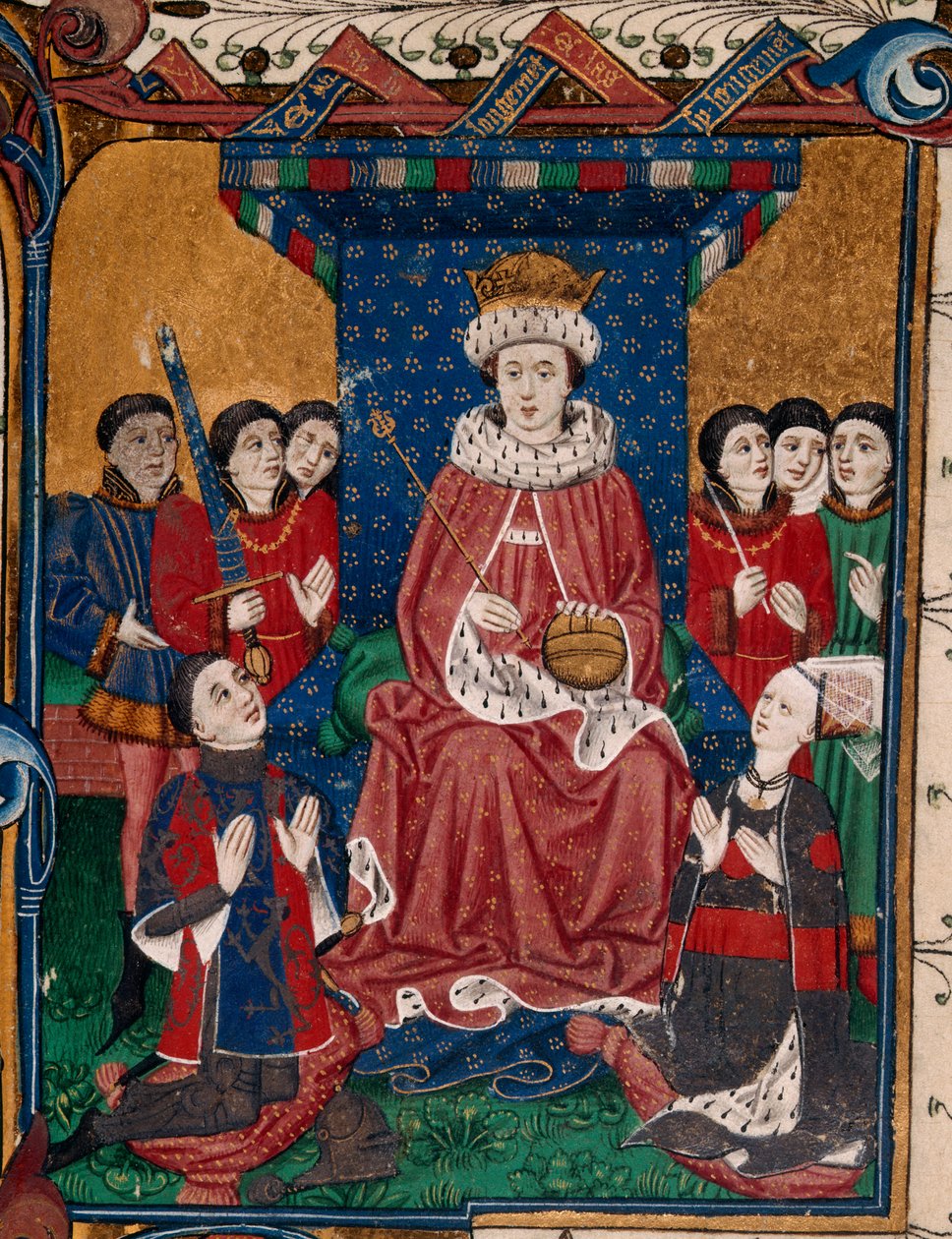 Royal 18 D. II fol.6, kung Edward IV omgiven av hovmän med Sir William Herbert och hans hustru, Anne Devereux, klädda i kläder dekorerade med sina vapensköldar, på knä framför honom (bok 1) av English School