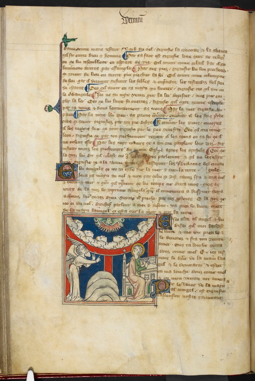 Royal 19 B.XV, f.17v En lejons mun och på en omvänd molnbåge sex huvuden som representerar de sju åskorna: nedanför, till vänster, ängeln, och till höger, Johannes på väg att skriva i boken, från 
