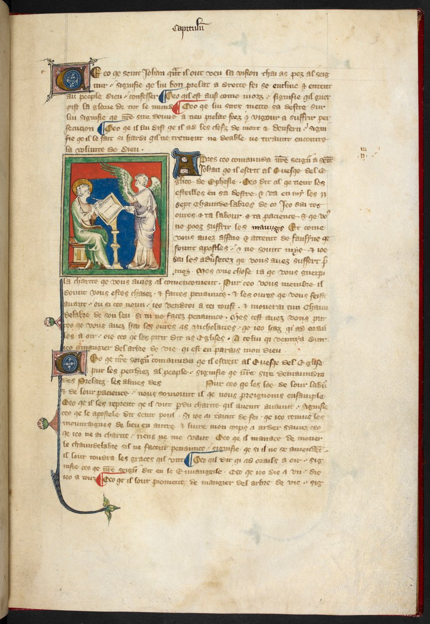 Kunglig 19 B.XV, f.3 Johannes sittande, skrivande; en ängel står bakom hans skrivbord, från 