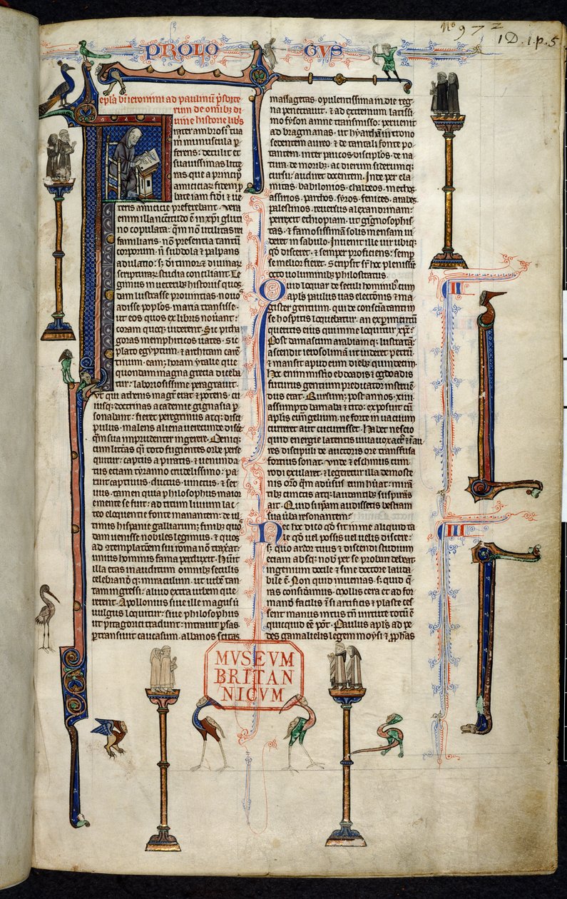 Royal 1 D I, f.1r, Jerome, friars on columns, from the Bible of William of Devon (vellum) av English School