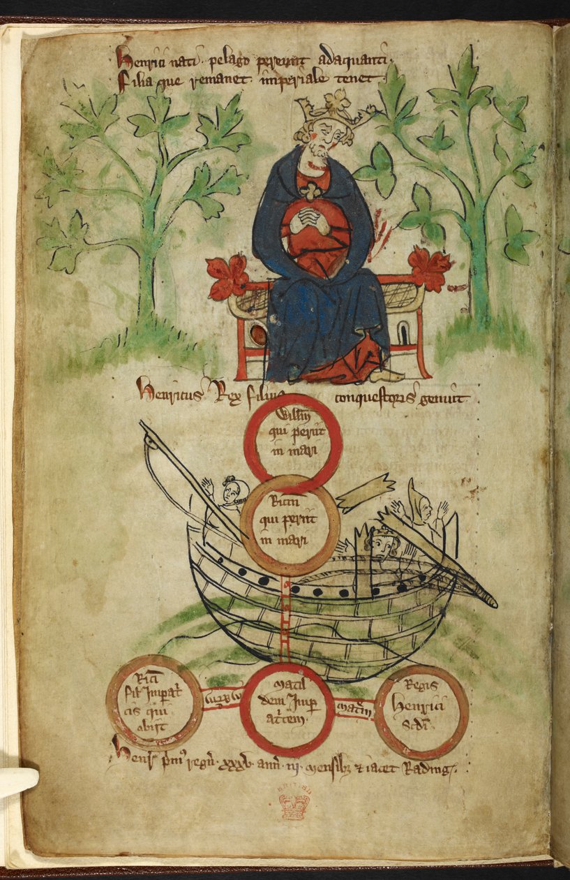Royal 20 A. II, f.6v Kung Henrik I på sin tron, sörjande, illustration från 