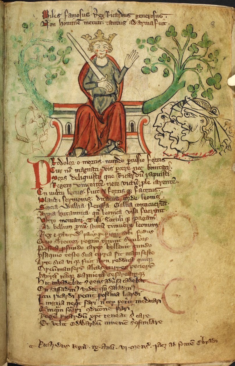 Royal 20 A. II f.8 Kung Richard I med svärd, på sin tron, illustration från 