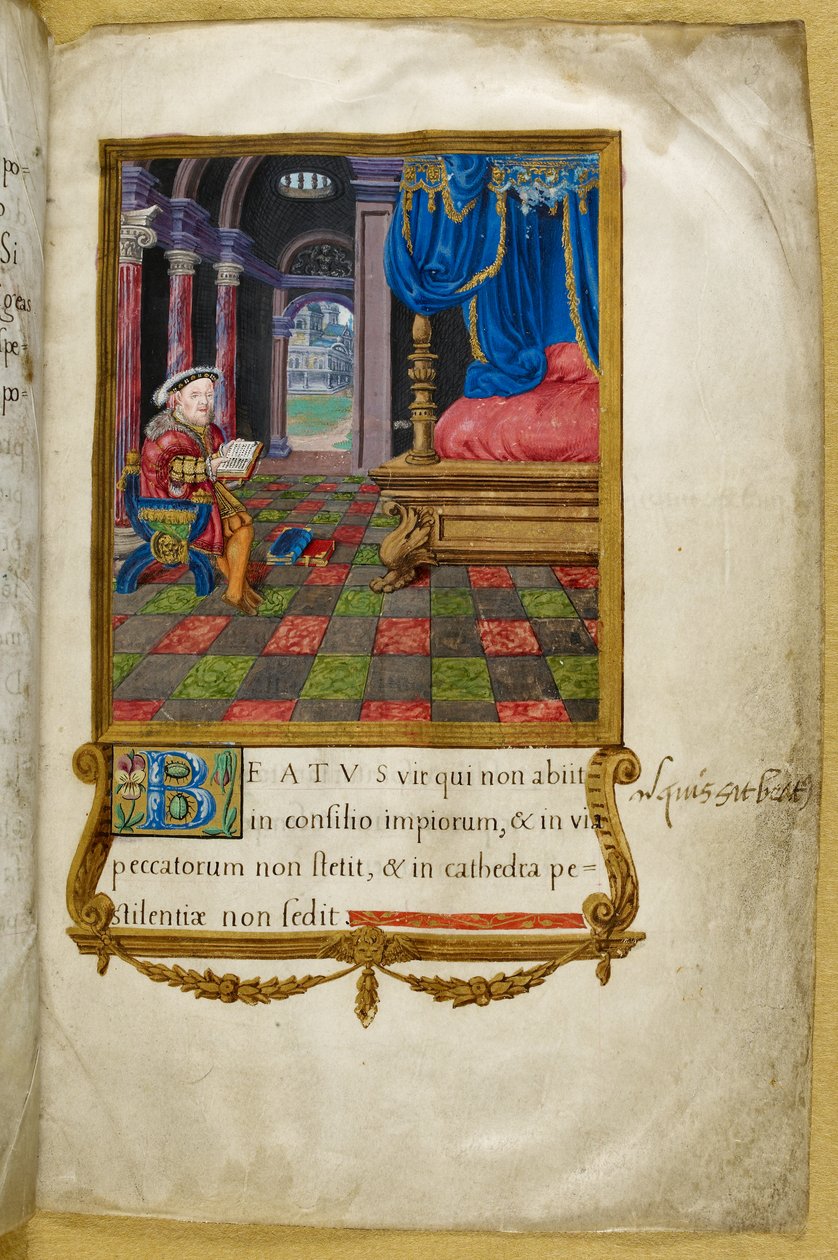 Royal 2 A. XVI, f.3 Kung Henrik VIII sittande läsning, i sin sängkammare, illustration från 