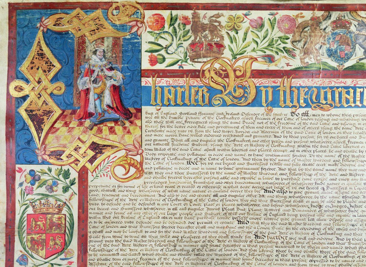 Royal Charter for the Company of Clothmakers in the Reign of Charles II (1630-85) (detalj) av English School