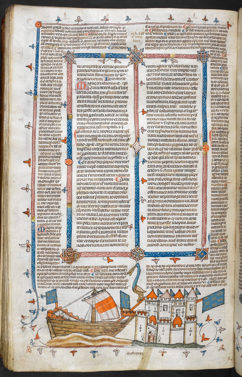 Royal MS 10 IV f.208v Naval attack and Marginal Decoration, illustration från 