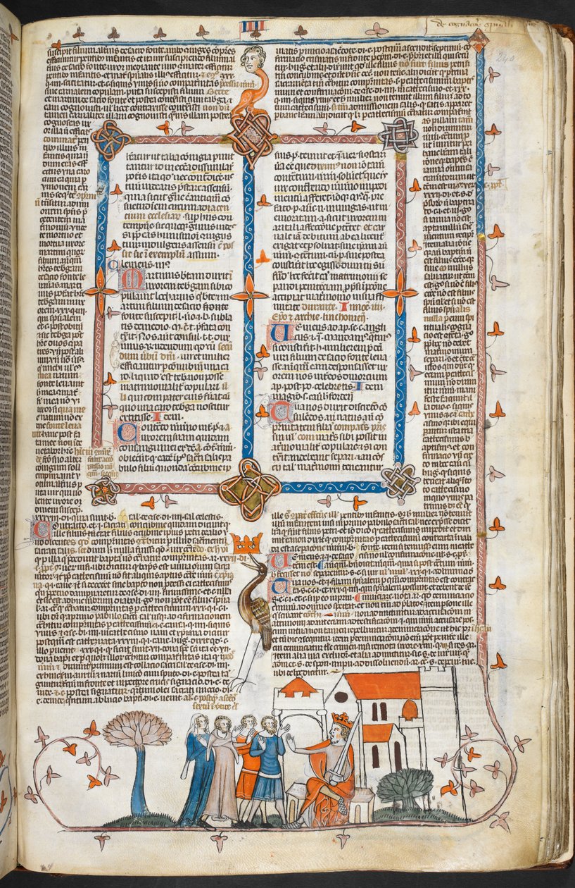 Royal MS 10 IV f.240r Kung som försvarar sitt palats och marginaldekoration, illustration från 