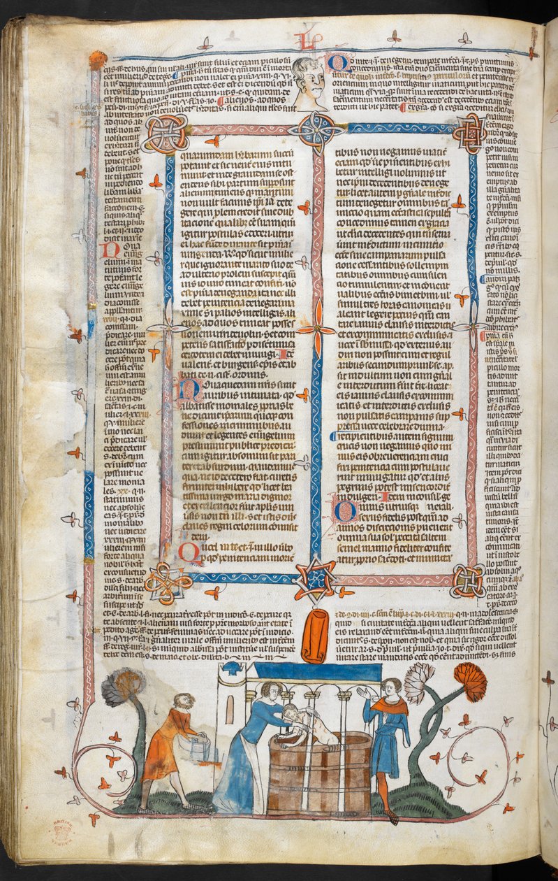 Royal MS 10 IV f.297v Badande ett pestoffer och marginaldekoration, illustration från 