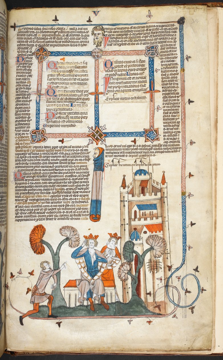 Royal MS 10 IV f.314r Kungen, Drottningen och deras slott med marginaldekoration, illustration från 