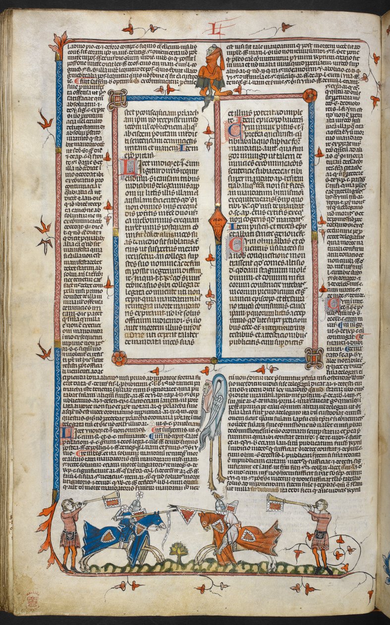 Royal MS 10 iv f.065v Knights Jousting med marginaldekor, illustration från 
