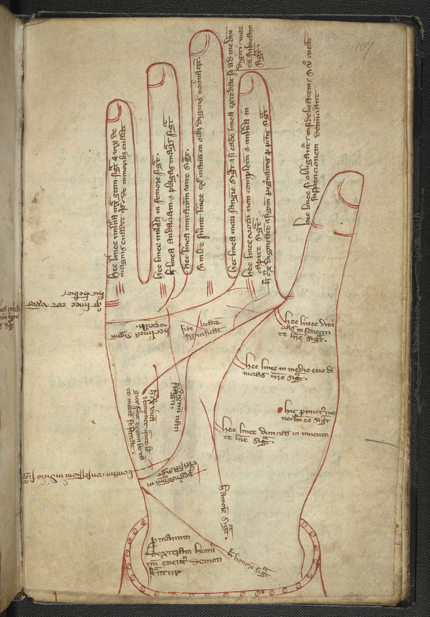 Royal MS 12 C XII f.107r Läser händerna, i en medeltida blandning (bläck på veläng) av English School
