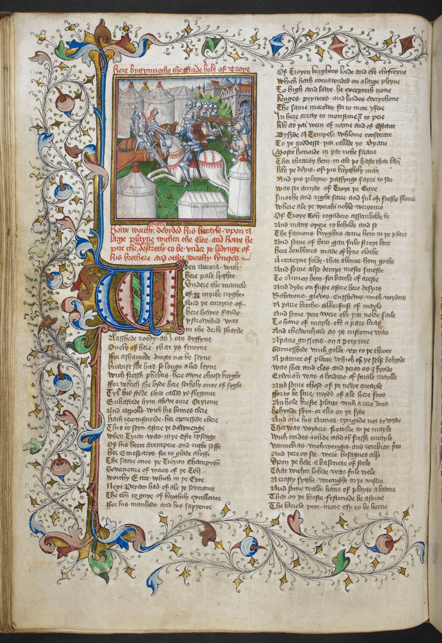Royal MS 18 D II, f.66v, miniatyr av Hector som dödar Patroclus, med en upplyst initial 