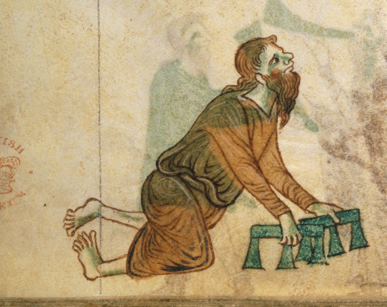 Royal Ms 13 B VIII fol.30v En förlamad man som kryper på knä, från 