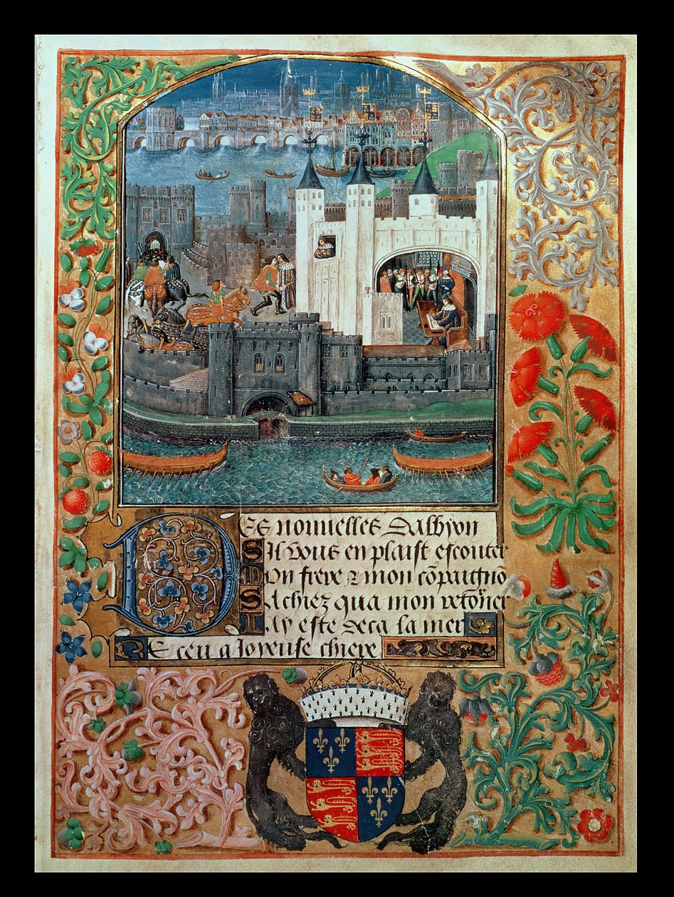 Royal Ms 16 F II, f.73: Tower of London och sjöfart, med Charles, hertig av Orleans sittande i Tower-skriften, från Poems of Charles Duke of Orleans, c.1500 (vellum) av English School