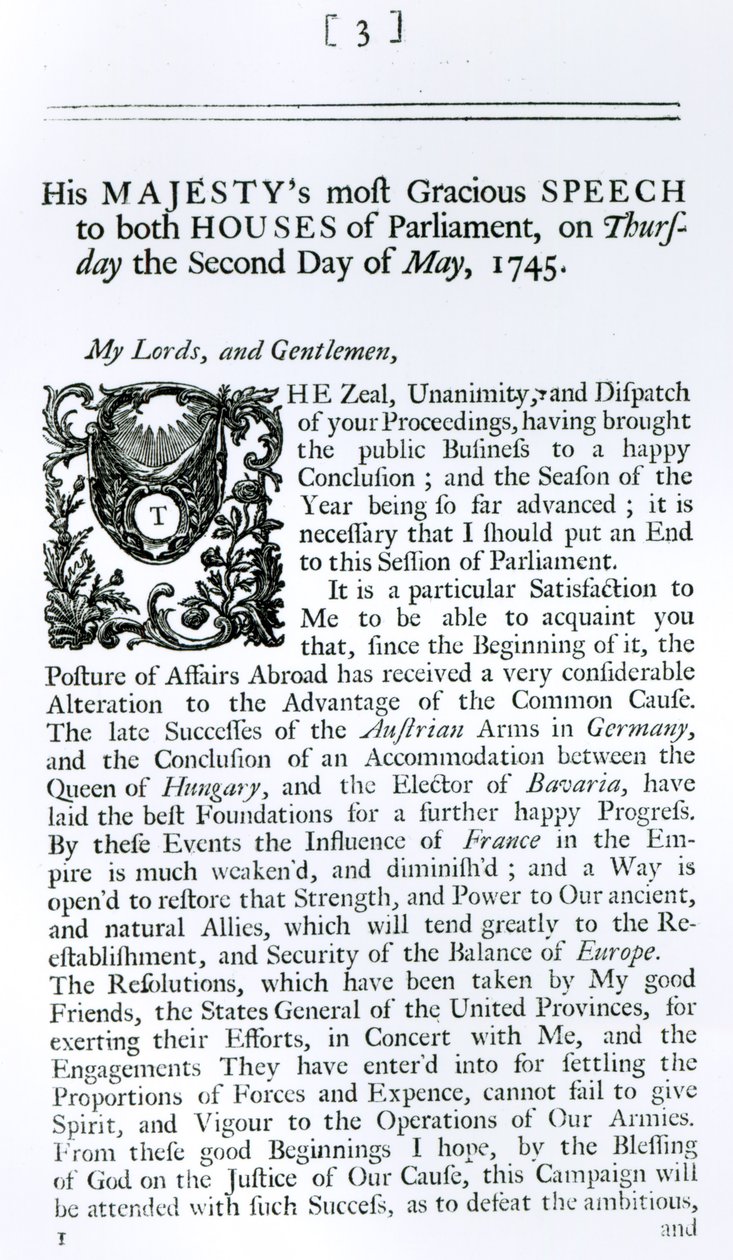 Kungligt tal till parlamentets båda kammare, 2 maj 1745 (tryck) av English School