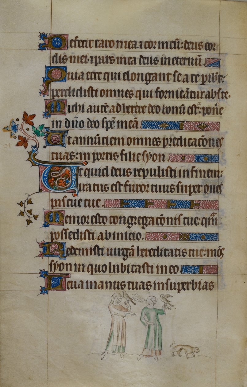 Royal MS 2_B VII F.177V Bas-de-Page-scen av två kvinnor som bär hökar och en liten hund framför dem, med en bebodd initial, illustration från 