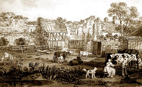 Förstörd herrgård med mjölkande kor, ca 1800 (penna & sepia bläck på papper) av English School