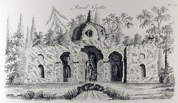 Grotto på landsbygden, från "Grotesque Architecture or Rural Amusement", av William Wright, publicerad ca 1767-90 (gravyr) (svart/vitt foto) av English School