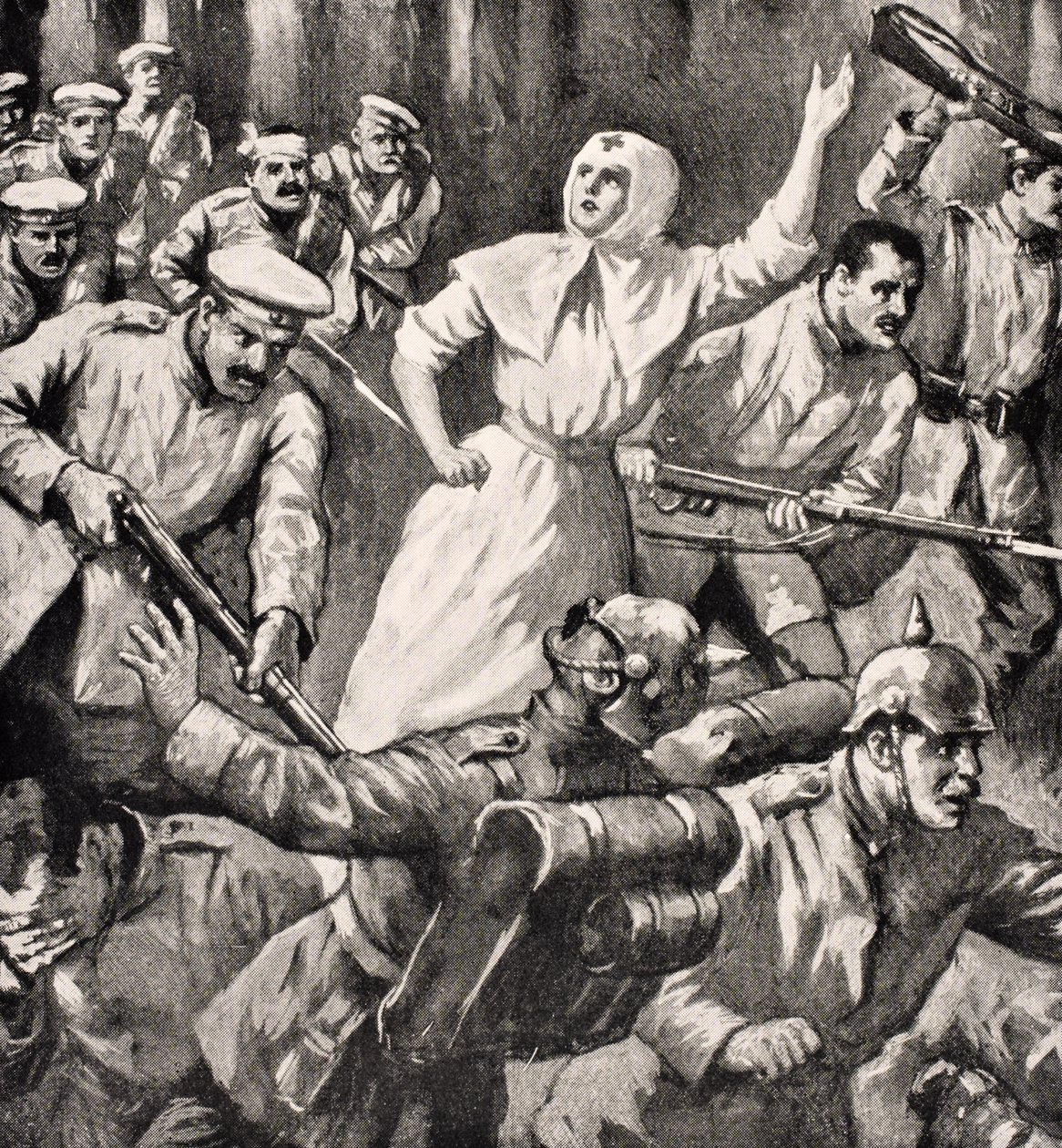 Den ryska sjuksköterskan Mira Miksailovitch Ivanoff ledande män mot tyskar, 1915, från 