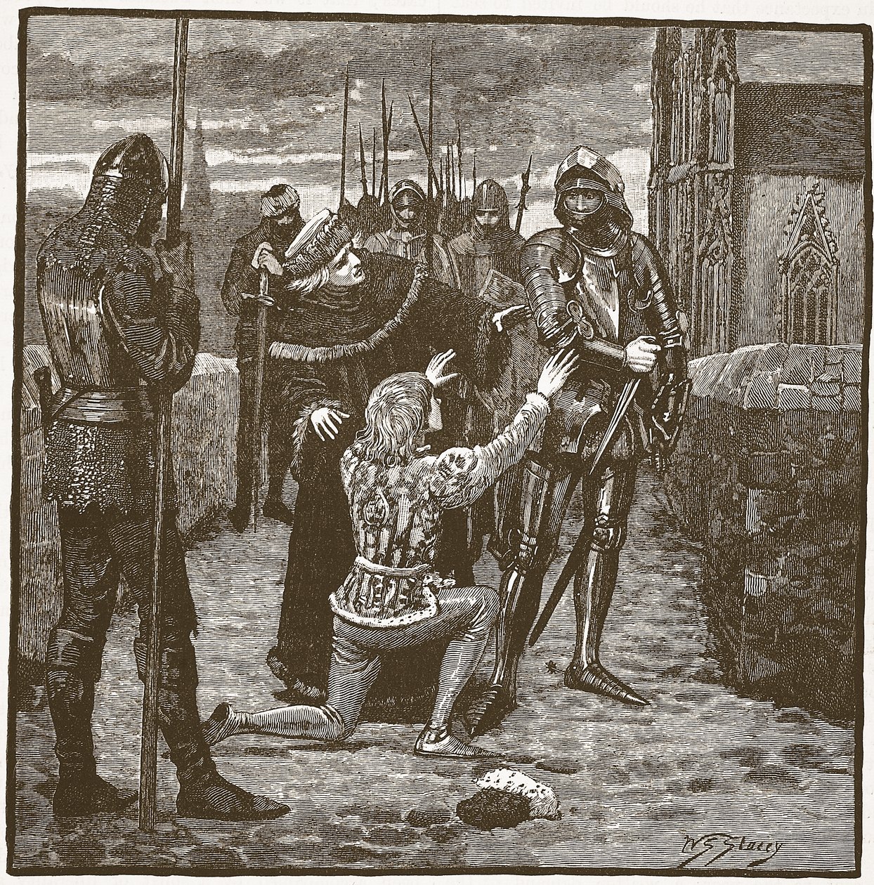 Rutland bönfaller Clifford att skona sitt liv, illustration från Cassells Illustrated History of England (sepiafoto) av English School