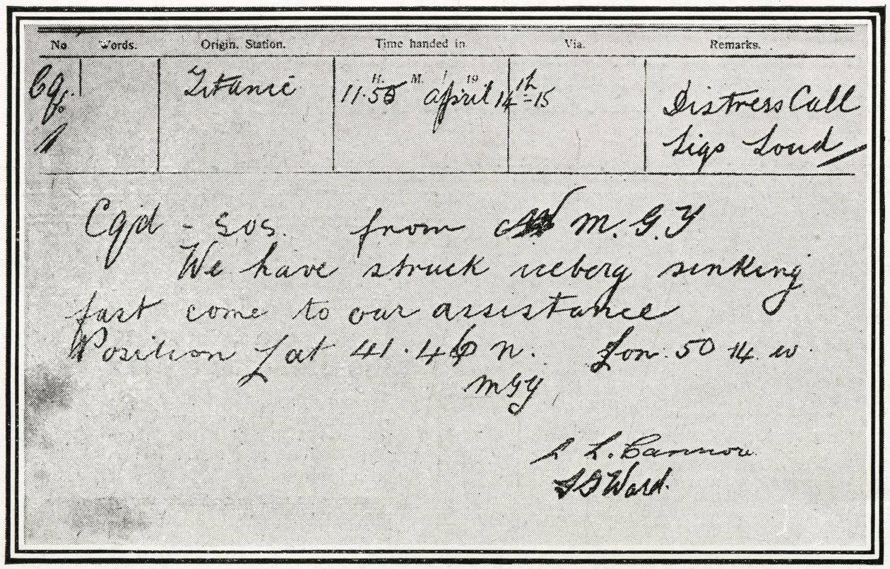 SOS-meddelande mottaget av den ryska ångbåten Birma cirka fem minuter efter att Titanic slog ett isberg den 15 april 1912 från "The Sphere", 4 maj 1912 av English School